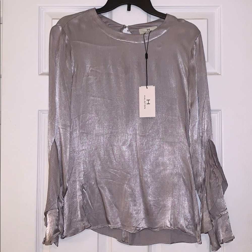 H by Halston Silver Metallic Women’s Blouse Keyhole Layered Frill Sleeve